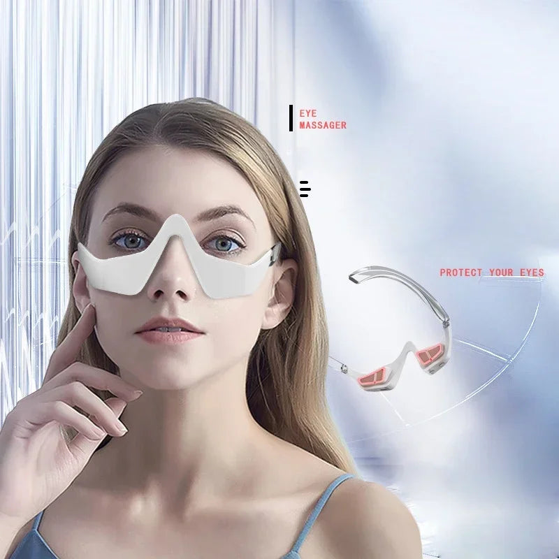 Woman wearing red light EMS eye massager glasses for reducing dark circles, wrinkles, and relieving eye fatigue