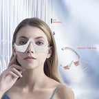 Woman wearing red light EMS eye massager glasses for reducing dark circles, wrinkles, and relieving eye fatigue